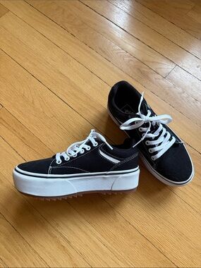 Vans Black Canvas Platform Sneakers with White Details